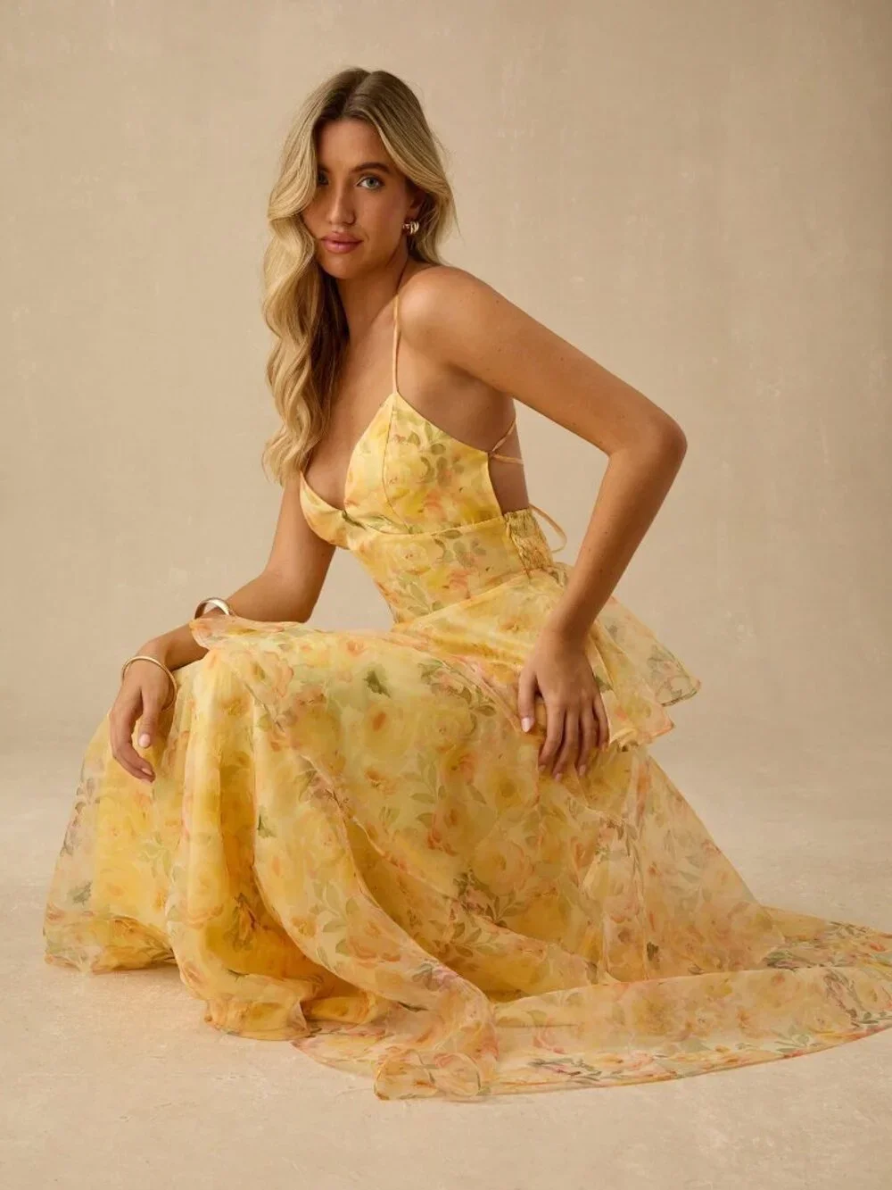 Yellow  Women's Romantic Floral Print Spaghetti Strap Ruffled Hem Maxi Dress - Picture 6 of 7